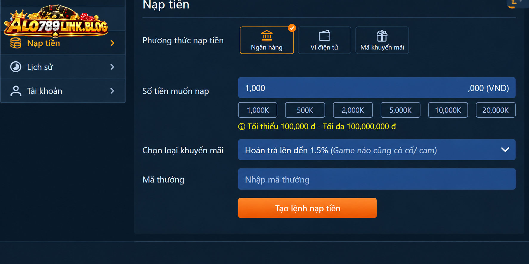 Chi tiết các bước nạp tiền Alo789 Chi tiết các bước nạp tiền Alo789
